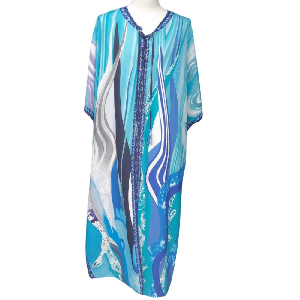 Caftan Women's OS Flowy Abstract Design in Blues, Aqua, Purple ⚡️BUY 3 for $35⚡️